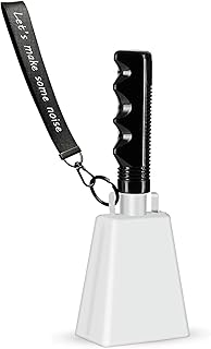 Cowbell Noise Makers with Handle and Wrist Strap – 8 Inch Loud Steel Cheering Cow Bells for Sporting Events, Football Games, Parties, Concerts & More (White)