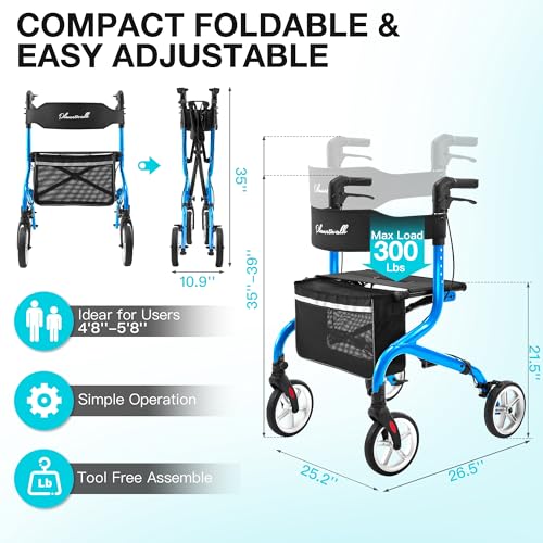 Image of PLANET WALK Super Lightweight Rollator Walker for Seniors, Foldable Rolling Walker with Seat and 8 inch Rubber Wheels for All Terrain, Unique Design Aluminium Frame Sturdy Walkers for Traveling - Blue