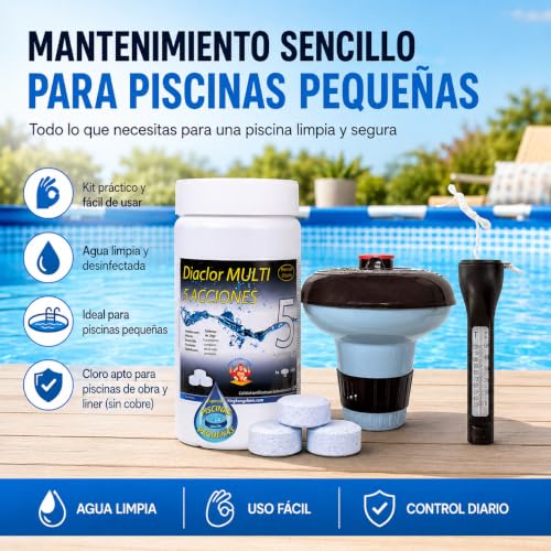 Miniatura 6 de Kit Cloro Piscinas Pequeñas Diaclor Multi 5 Acciones 1 Kg Pastillas 20 Gr Sin Cobre Dosificador Termómetro