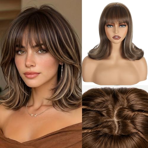 LEOSA Short Straight Bob Wig with Bangs 4x4 Realistic Scalp Blonde Mixed Brown Shoulder Length Wavy Free Parting Scalp 14 Inch Layered Flipped Ends Medium Synthetic Hair for Women