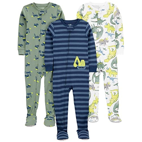 Simple Joys by Carter's Pijama de algodão confortável para bebês e meninos, pacote com 3, Listras marinhas/construção verde sálvia/dinossauro branco, 6-9 Meses