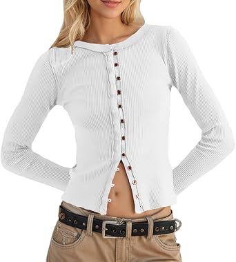 Women Y2K Button Down Rib Knit Crop Cardigan Fall Long Sleeve Crew Neck Solid Open Front Blouse Pullover Tee Top