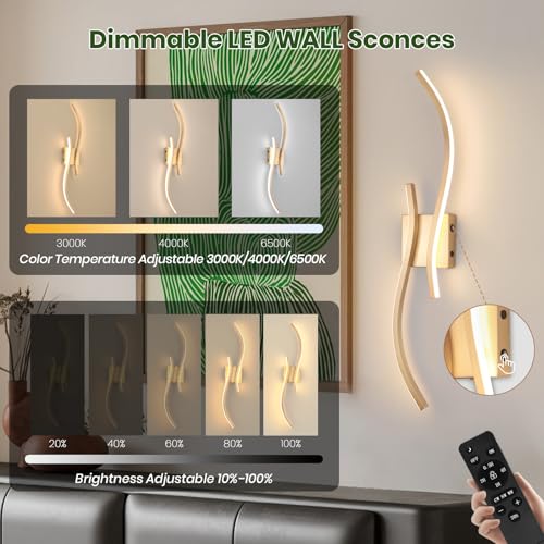 Image of CANEOE Battery Operated Wall Sconces with Remote Control, Rechargeable Dimmable Touch Wall Sconces Set of Two, 3000K-6500K LED Wireless Wall Light for Living Room Bedroom Hallway,31.5inch(Gold)