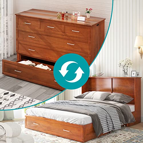 BALUS Modern Murphy Bed Cabinet with Mattress, Multifunctional Cube Cabinet Bed with USB Charging Station & 2 Large Drawers & 3 Level Folding Foam Mattress for Apartment/Living Room/Loft, Queen (Redwood)