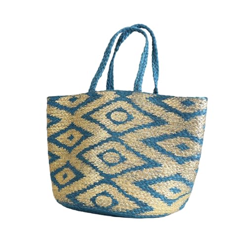 Grand sac en jute réutilisable bleu et doré grand format motif diamant chic