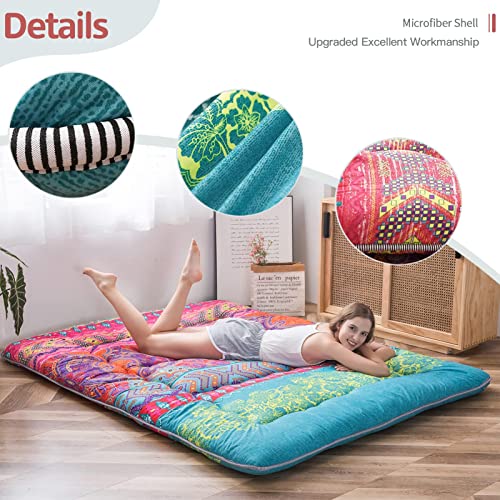 Image of MAXYOYO Bohemian Futon Floor Mattress Boho Floral Style Japanese Tatami Mat Foldable Mattress Portable Camping Sleeping Pad Lounger Couch, Queen
