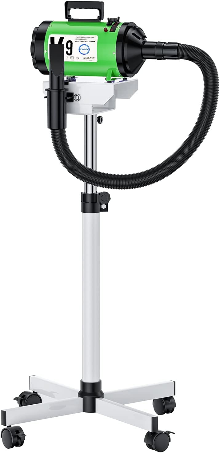 PetLife Hair Dryer Stand for Salon Groomer, 4.3HP Variable Speed, Dog Grooming Hair Dryer Stand with Heater, Low Noise, Green, Includes 4 Styling Attachments