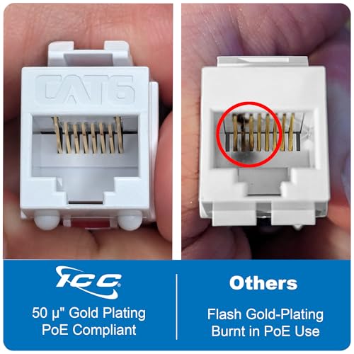 ICC CAT6 Keystone Jack with Slim Profile 180 Degree Punch Down, RJ45 UL Listed PoE++ TAA Compliant for Wall Plate or Patch Panel, Works with JackEasy Termination Tool, White 25 Pack - Thumbnail 2