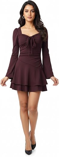 MGR FASHIONS Women's Tiered Mini Dress with Sweetheart Neckline, Full Sleeves, Gathered Empire Waist, Hosiery Fabric