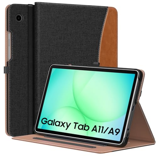 MoKo Funda para Samsung Galaxy Tab A11 8,7 Pulgadas 2025, Galaxy Tab A9 8,7 Pulgadas 2023, Carcasa Cuero PU con Soporte Múltiples Ángulos con Correa de Mano y Bolsillo Frontal, Denim Negro & Marrón