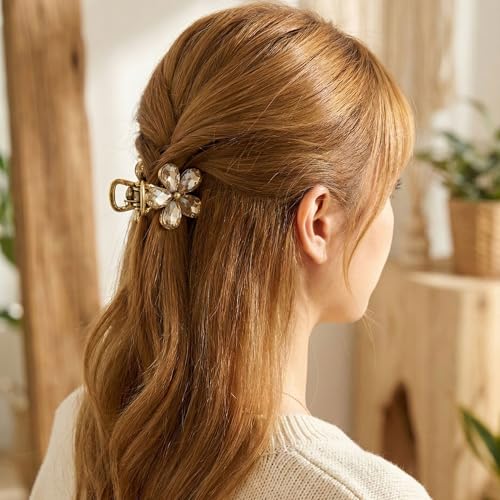 Image of Radhu & Kabby Crystal Flower Hair Claw Clip Pack | Black, Silver & Gold Metal Claw Clips for Women | Strong Grip Stylish Diamond-Cut Stone Floral Hair Accessories | Pack of 3