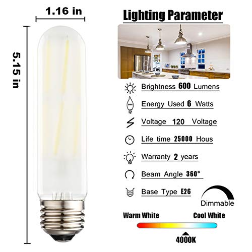 Dimmable T10 Frosted Led Bulbs,6W Led Tubular Edison Bulbs 60 Watt Equivalent,600Lm,Daylight 4000K,E26 Medium Base Lamp Bulb For Desk Lamp, Pendant Lights,Cabinet Display Cabinet Etc. (6-Pack) #TOP1