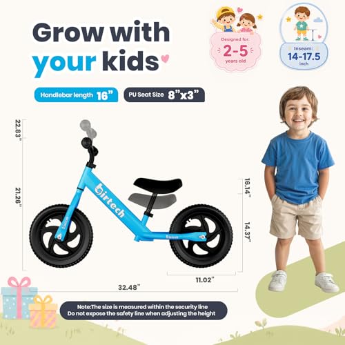 Birtech Balance Bike for 2-5 Year Old, 12 Inch Toddler Bike No Pedal Training Bicycle with Adjustable Seat Height, Airless Tire (Light Blue) — view 3