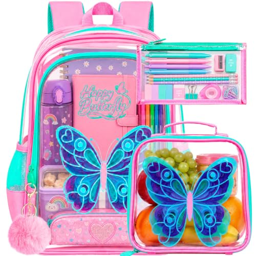 Image of WZLVO Kids Clear Backpack for Girls with Fluttering Wings, 16 inch Heavy Duty PVC Transparent Bookbag with Frame Reflective Strip, Cute See Through School Bags for Elementary Preschool - Butterfly Pink