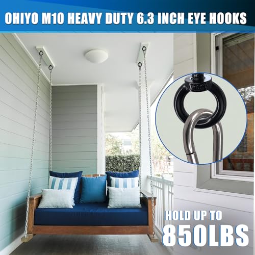 Image of OHIYO 6.3 Inch Heavy Duty Eye Hooks M10 Self Tapping Eyelet Screw Load Capacity 850 LBS Heavy Duty Screw in Eye Hooks for Hammock Stand, Swing Chair, Yoga, Heavy Indoor & Outdoor Uses (Black)
