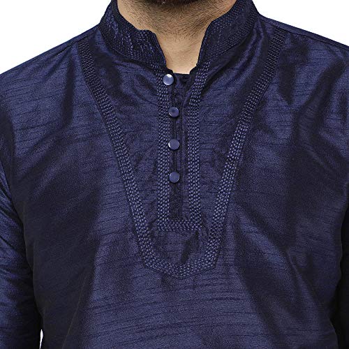 Image of SKAVIJ Men's Traditional Art Silk Kurta With Churidar Pyjama Regular Fit Ethnic Pajama Set Blue, XL