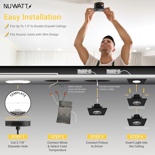 NUWATT 3 Inch Black Square Gimbal LED Recessed Lights CCT 2700K-5000K, 4 PK by NUWATT - Used condition - Image 3
