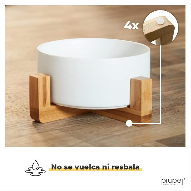 Foto 2 de 6 de PiuPet 2x850ml Comedero Perro y Gato, Cuenco Cerámica con Soporte Bambú