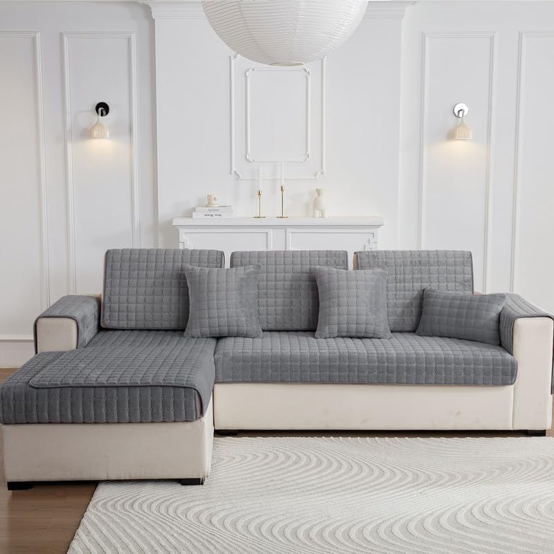 GKXLH Sofa überzug Waschbar - Neue Weiche Flanell Sofa Cover, rutschfeste Sofabezug 2 3 4 Sitzer Couch überzug Sofa Bezug für Sektionssofa, Sofaüberwürfe L Form Möbelschutz (Grau, 70x180cm)