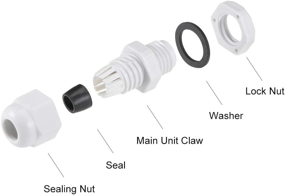 sourcing map M12x1.5 Cable Gland 2mm-5mm Wire Hole Waterproof Nylon Joint Adjustable Locknut with Washer White 20pcs - Image 4