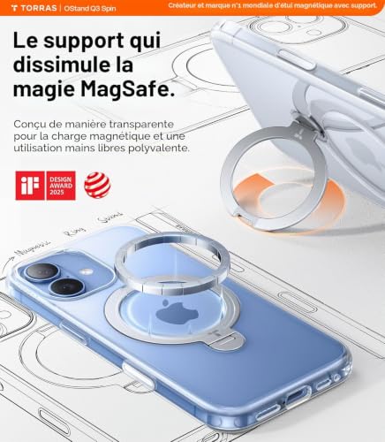 TORRAS Ostand Spin Coque iPhone 17, Support 360°, Transparent – vue 2
