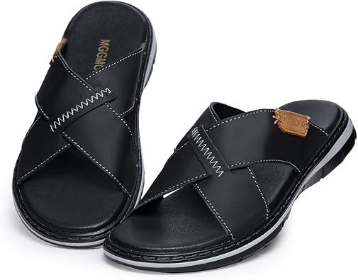 MGGMOKAY Mens Cross Slides Sandals Summer Leather Slipper Anti-Slip Comfortable Sandals
