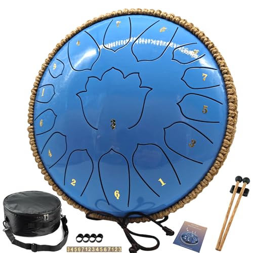 BETESINE 13-Inch 15-Note Steel Tongue Drum in C Major, Beginner-Friendly Meditation Drum with Mallets, Music Book, Finger Picks, Carry Bag & Note Stickers, Ocean Blue