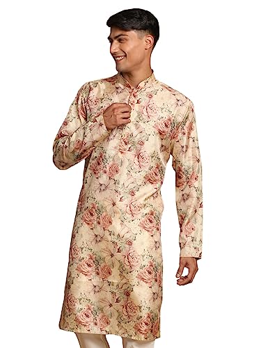 Image of VASTRAMAY Men's Silk Blend Kurta | A Stylish Flower Printed Straight Kurta in Silk Blend Fabric - Traditional for Festive, Wedding