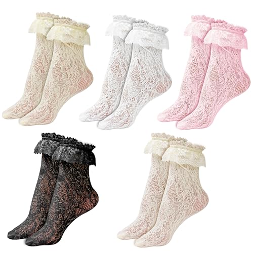 5 Pairs Lace Socks for Women, Ruffle Ankle Anklet Frilled Cute Trim Frilly Girly Lacy Hose Stockings Set Accessories for Adult Dress Princess Fashion Style (Rose Pink, Light Yellow, White, Black,Grey)