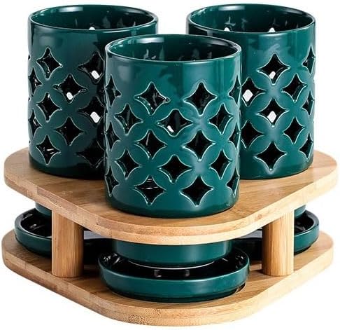 Cutlery Holder Stand 3 Pieces Ceramic Utensil Caddy with Bamboo Base, Creative Triangle Kitchen Silverware Caddy for Countertop, Cutlery Storage Organizer Drain Rack Kitchen Utensil Holder(Green-002)