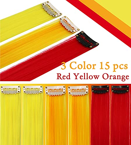 Sararhy 15 Pcs Colored Hair Extensions Clip In Straight Synthetic Holiday Party Highlights 21 Inch Colorful Hairpieces For Women Girls Hair Accessories Gift Wigs (Yellow Red Orange) #TOP2