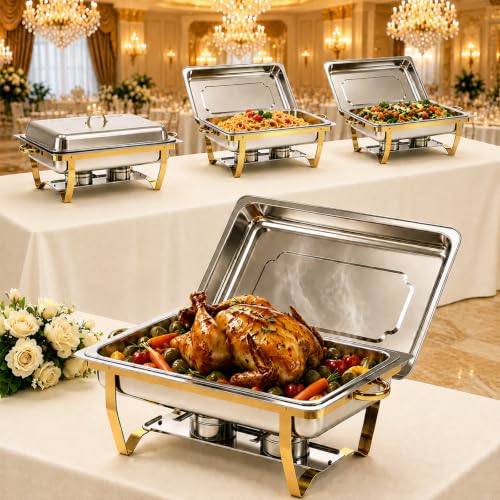4 Pack Rectangular Chafing Dishes for Buffet, 9QT Full Size Food Pans, Gold