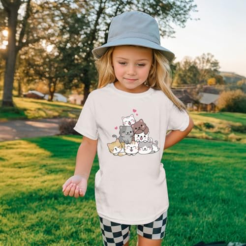 Image of KEEVICI Cute Cartoon Cat Shirts for Girls Kids Graphic Tees Kawaii Animal Pattern T Shirt Cotton Crewneck Summer Loose Tops