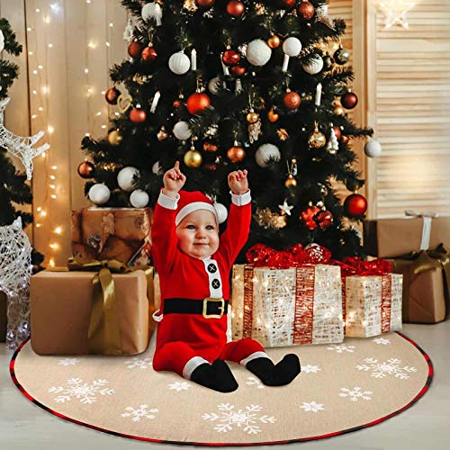 Ourwarm 48 Inch Christmas Tree Skirt Red And Black Buffalo Plaid Christmas Tree Skirt, Double Sided Burlap Tree Skirt Snowflake Xmas Tree Skirt For Holiday Rustic Vintage Christmas #TOP5