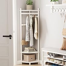 كاسلاندي شجرة زاوية من الخشب الصلب مع قضيب تعليق ملابس رف معطف بـ4 خطافات تخزين الاحذية لغرفة النوم والمدخل ابيض خشب شجر المطاط