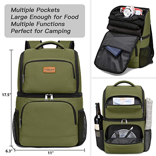 Tuguan Insulated Cooler Backpack 38/42 Cans Double Deck Leakproof Lightweight Soft Lunch Backpack Small Cooler Bag Beach Picnic, Green #TOP4