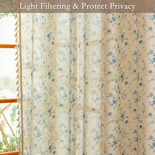 Image of MYSKY HOME Blue Floral Semi Sheer Boho Linen Curtains 63 Inch Length 2 Panels for Living Room Bedroom Light Filtering Spring Vintage Farmhouse French Tassels Back Tab Drapes, 50 inch Wide, 2 Panels