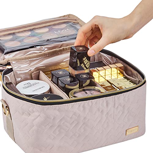 Nishel Double Layer Travel Makeup Bag With Strap, Large Cosmetic Case Organizer Fits Bottles Vertically, Top Layer For Brushes, Tweezers, Eyeliner, Pink #TOP4