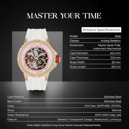 Image of HEXA Atlas Automatic Mechanical Skeleton Chronograph Watch for Men | Miyota Japan Movement | Transparent Analog Dial | 42.5 mm Stainless Steel Case | White Silicone Strap | Sapphire Crystal | 5ATM Water Resistant Luxury Watch