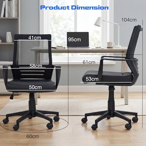 Image of DROGO Lumina Ergonomic Premium Leatherette Office Chair for Work at Home, Computer Chair with Fixed Armrest, Height Adjustable Leather Seat, Rocking, Breathable Mesh & Curve Lumbar Support (Black)