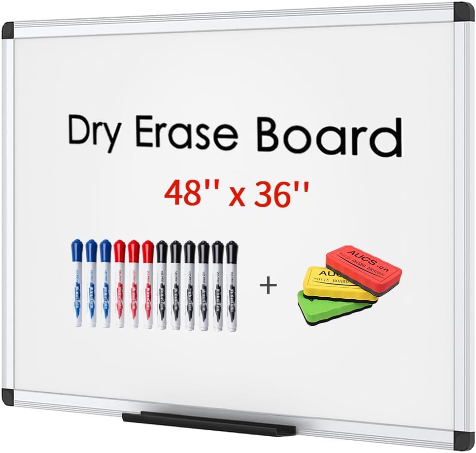 VIZ-PRO Dry Erase Board/Whiteboard,48 x 36 Inches, Wall Mounted Board for School Office and Home, with 12-Count Markers & 3 Colored Erasers