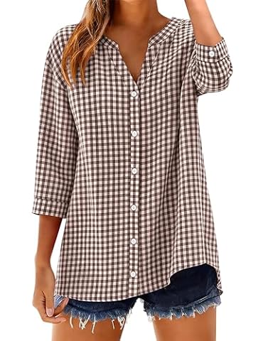 LOMON Womens 3/4 Length Sleeve Tops Cotton Gingham Stripe Button Down Shirt — $18.99 (24% off)
