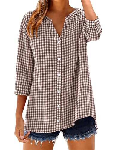 LOMON Cotton 3/4 Sleeve Button Down Shirts for Women Gingham Plaid Striped Tops V Neck Casual Loose Blouse