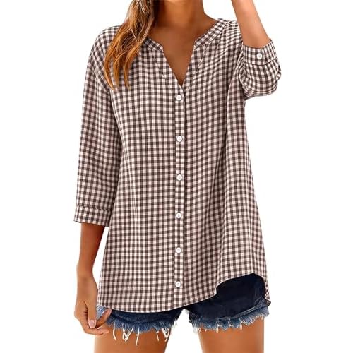 LOMON 3/4 Length Sleeve Tops Women Cotton Gingham Stripe Button Down Shirts