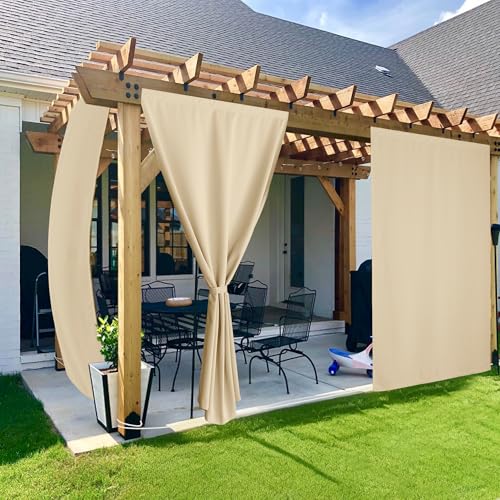 NICETOWN 2 Panels Rod-Free Outdoor Curtains for Patio Waterproof, Sticky Top & Back Tab Bottom with Free Rope for Wind Resistance, Weatherproof Drapes for Gazebo/Porch, W52 x L96 in, Biscotti Beige by NICETOWN - Used condition - US$24.84