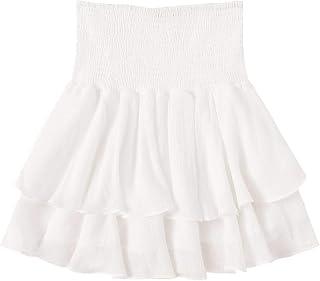 Women's Solid Shirred High Waist Layered Ruffle Hem Flared Mini Skirt