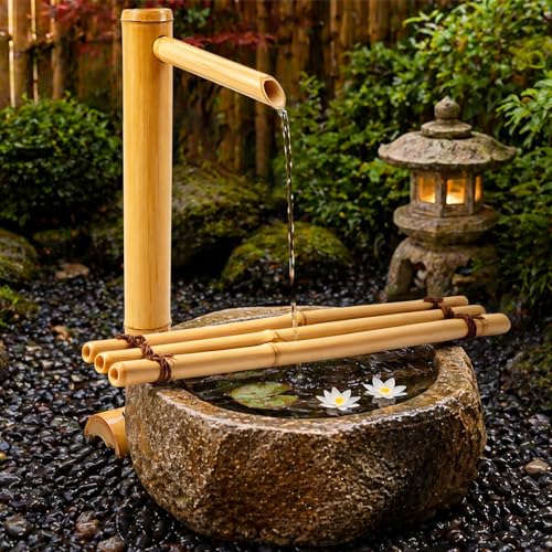 ZeahVeyora 20 Natural Bamboo Fountain with Pump Adjustable Split-Resistant Spout and Tubing Japanese Water Feature for Zen Outdoor Patios Landscaping Garden Decor(with Floating Ring)