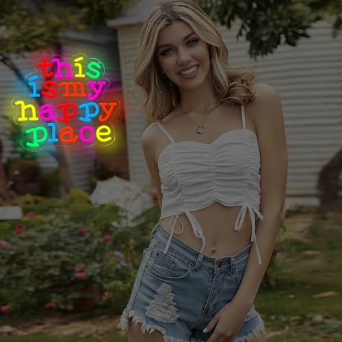 Image of This is My Happy Place Neon Sign USB Powered for Classroom Wall Decor, Neon Sign Dimmable LED Neon Light Sign for Bedroom Home Gallery Retro Positive Motivation Rainbow Home Hall Decor