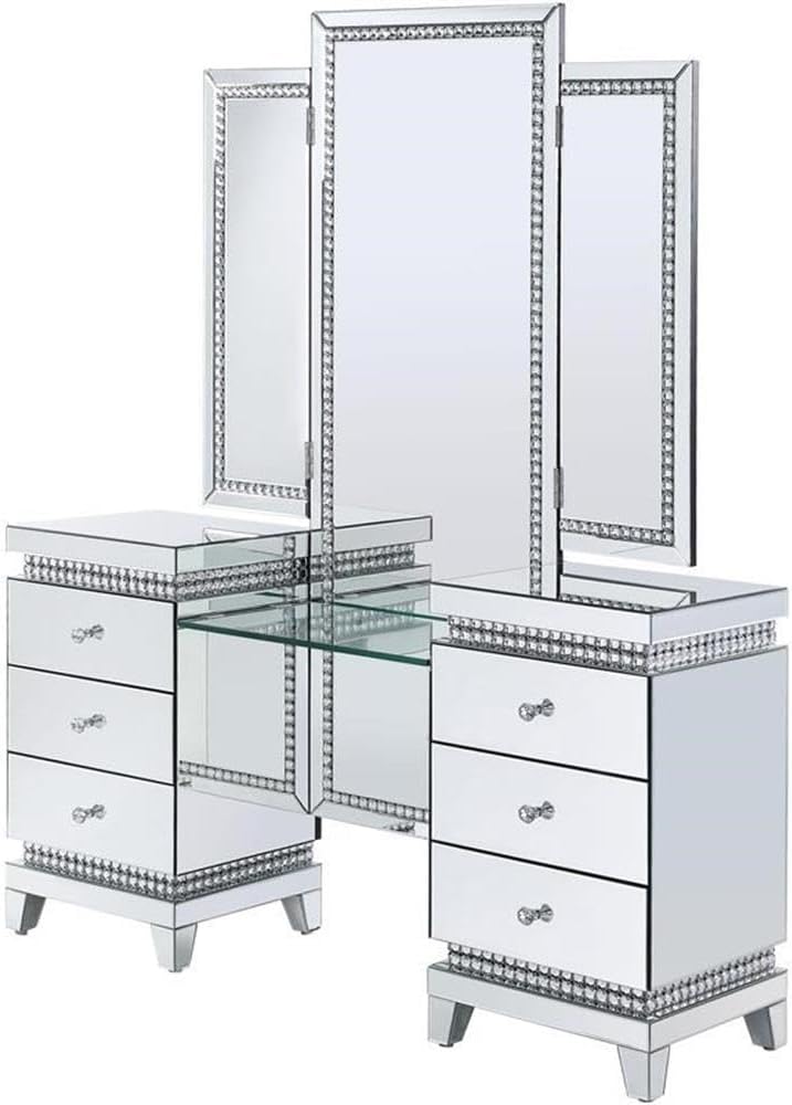 Acme Lotus Vanity Desk in Mirrored and Faux Crystals