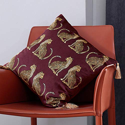 XSlive Lumbar Decorative Throw Pillow Cover with Tassels Leopard Pattern Cushion Cover Luxury Style Soft Velvet Pillowcase for Sofa Couch Bedroom (18"x18",Wine Red) by XSlive - Image 2
